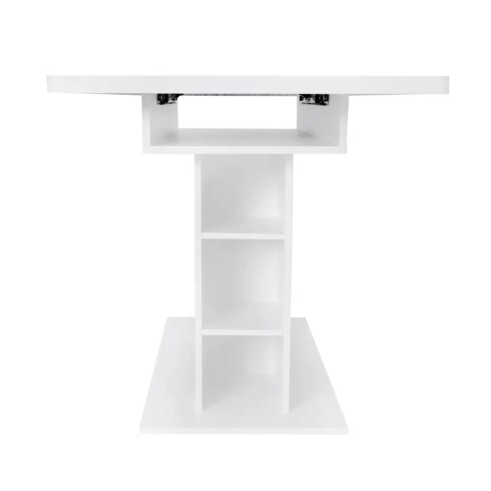 Valge söögilaud panipaigaga, pikendatav ja ruumisäästlik, millel on minimalistlik disain ja sisseehitatud riiulid laua all.