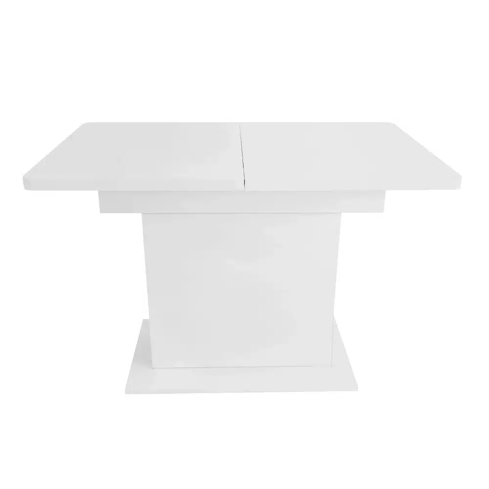 Valge, ristkülikukujuline söögilaud panipaigaga, minimalistlik disain ja pikendatav funktsioon, mis säästab ruumi.