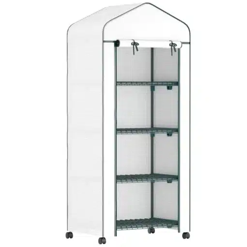 Kasvuhoone 4 tasandiga, rullukse ja PE kattega 69x50x165cm | E-pood Tootemaailm Kasvuhoone, millel on 4 tasandit ja rulluks. See on valmistatud tugevast metallist raamiga ning kaetud valge, vastupidava PE kattega. Kasvuhoone mõõtmetega 69x50x165cm sobib hästi keskmise suurusega aeda, pakkudes ruumi taimede kaitsmiseks.
