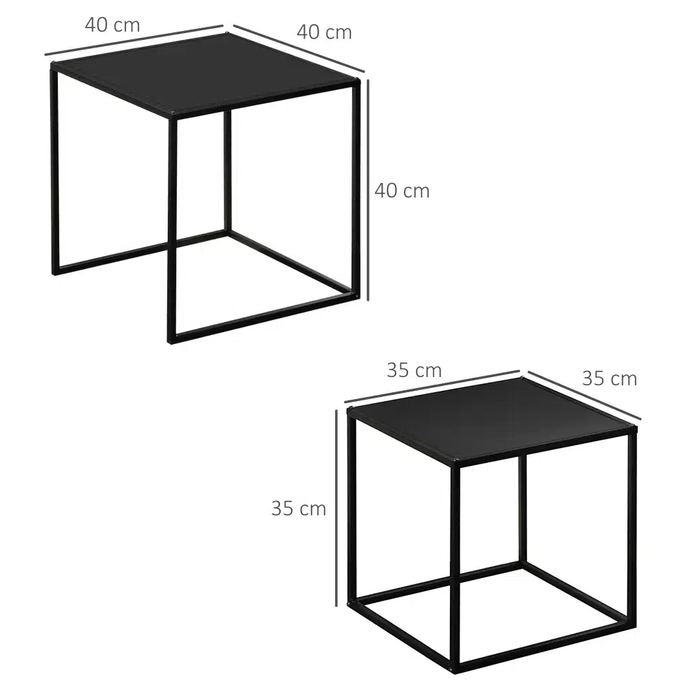 Diivanilaudade komplekt mustast terasest minimalistlikus stiilis. Suurem laud mõõtudega 40 cm x 40 cm ja väiksem 35 cm x 35 cm, mõlemad musta tooni ja lihtsas disainis, sobivad modernsesse interjööri.