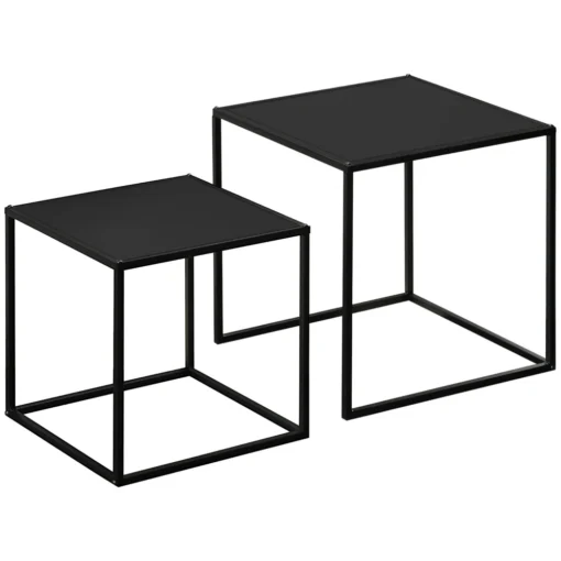 Diivanilaudade komplekt mustast terasest, minimalistlik | E-pood Tootemaailm Kaks minimalistlikku mustast terasest diivanilauda valge taustaga. Lauad on erineva suurusega ja valmistatud kergest, vastupidavast mustast metallist, moodustades modernse ja stiilse välimuse.