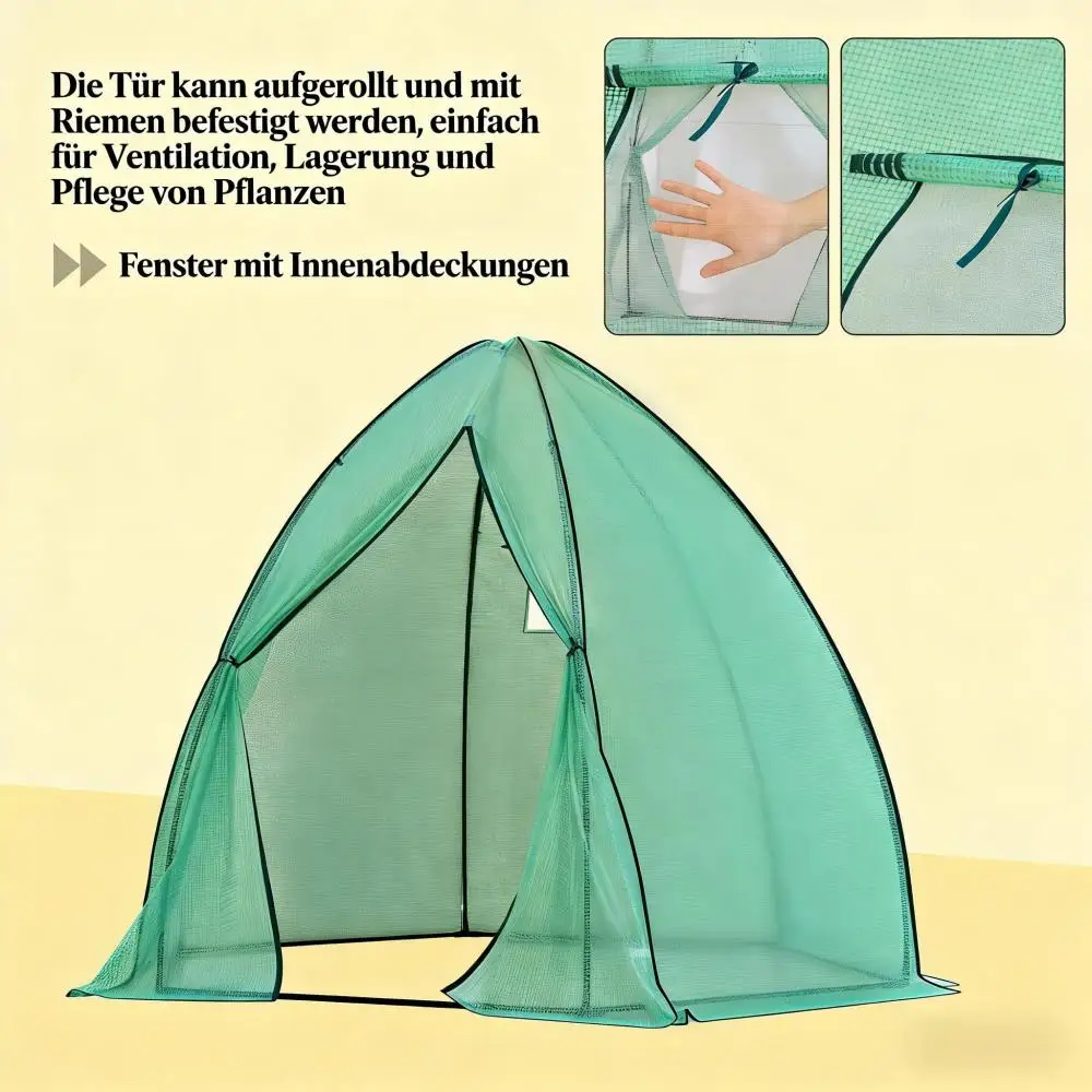 Roheline kasvuhoone PE kattega ja lukuga uks, mõõtmetega 240x200x240 cm, asetseb helekollasel taustal, esikülg lahtine ja uks rullitud üles, näidates stabiilset teraskonstruktsiooni ja hingavat materjali.