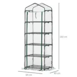 Kasvuhoone 5 riiuliga, läbipaistev kate, mõõtudega 69x49x193 cm, valmistatud metallist ja plastist raamistikust, milles asuvad mitu riiulit taimede kasvatamiseks, seisab heledal taustal.