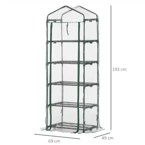 Kasvuhoone 5 riiuliga, läbipaistev kate, 69x49x193 cm | E-pood Tootemaailm Kasvuhoone 5 riiuliga, läbipaistev kate, mõõtudega 69x49x193 cm, valmistatud metallist ja plastist raamistikust, milles asuvad mitu riiulit taimede kasvatamiseks, seisab heledal taustal.