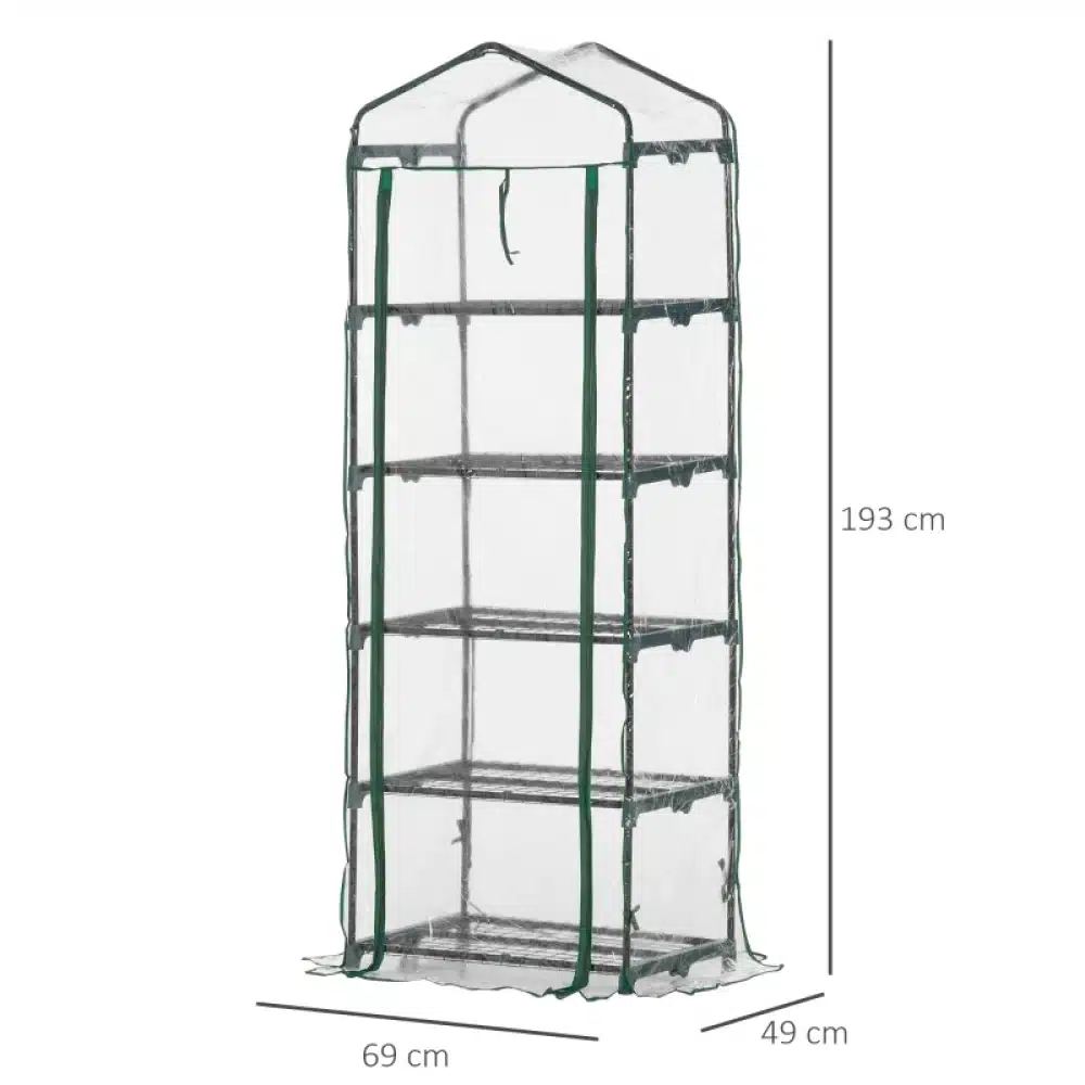 Kasvuhoone viie riiuliga, läbipaistva kattega, metallraamiga. Mõõtmetega 69x49x193 cm ja roheliste ribareinforseeringutega telgikonstruktsioon. Sobib hästi taimede kasvatamiseks väikestes aedades või terrassidel.