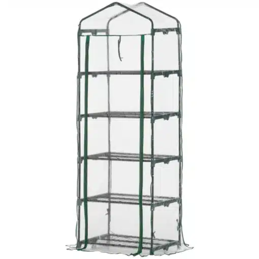 Kasvuhoone 5 riiuliga, läbipaistev kate, 69x49x193 cm | E-pood Tootemaailm Kasvuhoone 5 riiuliga, läbipaistev kate, mõõtmetega 69x49x193 cm, seisab taustal. Kasvuhoonel on rohelised raamid ja selge ümbris, mis võimaldavad taimedele maksimaalset valguse läbilaskvust.