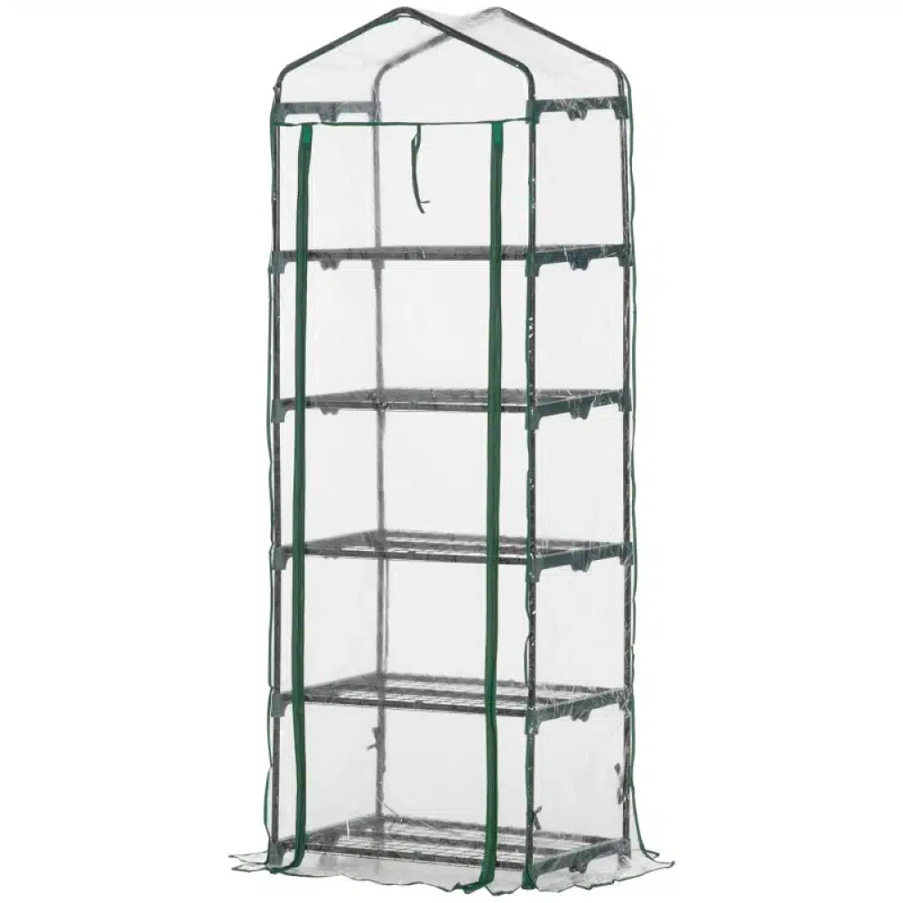 Kasvuhoone 5 riiuliga, läbipaistev kate ja metallraam. Püstine struktuur aianduseks sobivas rohelises ja valges toonis, pakkudes optimaalset ruumi taimedele mõõtmetega 69x49x193 cm.