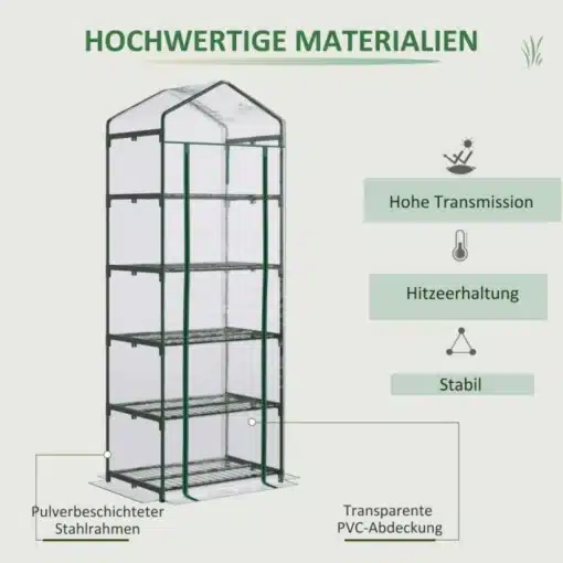 Kasvuhoone 5 riiuliga, läbipaistev kate, 69x49x193 cm | E-pood Tootemaailm Kasvuhoone 5 riiuliga, läbipaistev kate, 69x49x193 cm, metallraam ja PVC kate, rohelist tooni konstruktsioon valgel taustal.