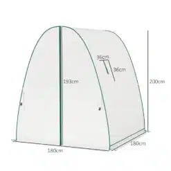 Valge kasvuhoone koos kahe ukse ja võrkvakendega, mõõtmetega 180x180x200 cm, seisab hallil taustal. Kasvuhoone avarad uksed ja aknad tagavad optimaalse ventilatsiooni ning valguse. Materjal on vastupidav ja ilmastikukindel, sobib hästi taimede kasvatamiseks.