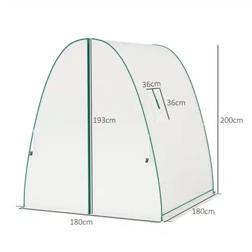 Valge kasvuhoone koos kahe ukse ja võrkvakendega, mõõtmetega 180x180x200 cm, seisab hallil taustal. Kasvuhoone avarad uksed ja aknad tagavad optimaalse ventilatsiooni ning valguse. Materjal on vastupidav ja ilmastikukindel, sobib hästi taimede kasvatamiseks.