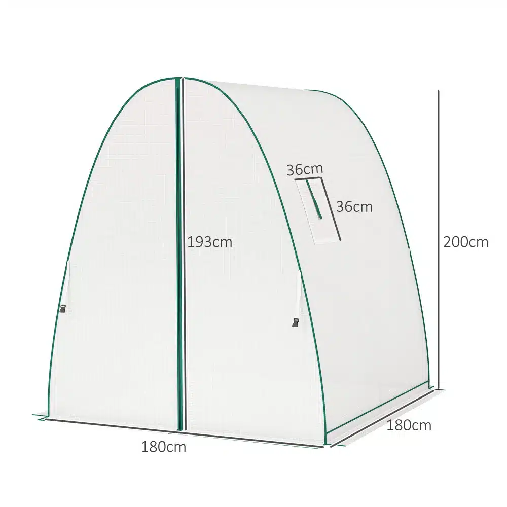 Valge kasvuhoone mõõtmetega 180x180x200 cm, millel on kaks rohelist piirest ust ja võrkvakend ventilatsiooni jaoks.