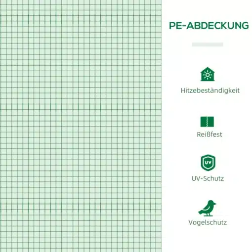 Kasvuhoone aknaga, veekindel, 180x90x70 cm taimedele | E-pood Tootemaailm Kasvuhoone veekindel kate koos aknaga, millel on tugevdatud võre struktuur, näidates kuumuskindlust, rebenemiskindlust, UV-kaitset ja linnukaitset.