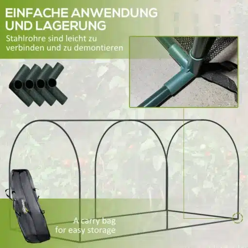 Aiakaitsevõrk köögiviljadele 249x120x120cm kahe lukuga | E-pood Tootemaailm Metallist raamile kinnitatud aiakaitsevõrk köögiviljadele, mõõtmetega 249x120x120cm, roheline raam ja must võrk. Tootel on kerged ühendamis- ja lahtivõtmistorud ning kaasas on kandekott hoiustamiseks. Taustal on hägused aiataimed.