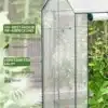Kasvuhoone kahekordse uksega, tuulekindel, valge, 100x80x150 | E-pood Tootemaailm Valge tuulekindel kasvuhoone kahekordse uksega, mõõtudega 100x80x150, millel on UV-kindel materjal ja tugevdatud õmblused, asetatud aiataustal koos lopsaka rohelusega.
