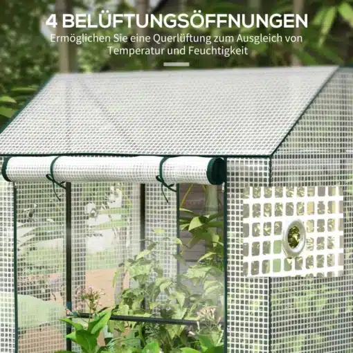 Kasvuhoone kahekordse uksega, tuulekindel, valge, 100x80x150 | E-pood Tootemaailm Kasvuhoone kahekordse uksega, tuulekindel, valge, mõõtmetega 100x80x150, aias, ümbritsetud rohelusega. Valge võrgumaterjal ja ventilatsiooniavad tagavad efektiivse temperatuurikontrolli.