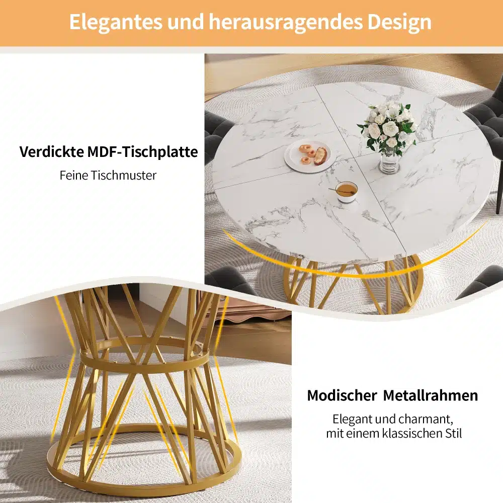 Elegantne ümmargune söögilaud marmorimustriga, mille õrn hallikate soontega pind toetub kuldsetele metalljalgadele, luues nii luksusliku kui ka kaasaegse välimuse. Laud asub heledal puidust põrandal, taustal on näha tumedama tooniga söögitoolid.