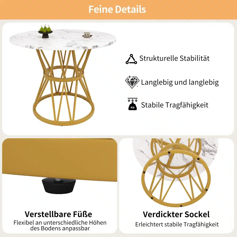 Ümmargune söögilaud marmorimustriga, kuldsete metalljalgadega, mille jäik struktuur tagab stabiilsuse.
