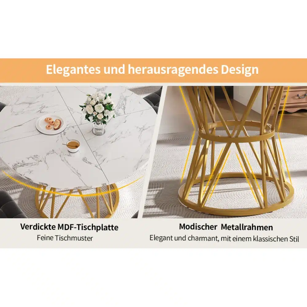 Ümmargune söögilaud marmorimustriga ja kuldsete jalgadega, elegantse disainiga lauale asetatud valge lillebukett ja tass kohvi. Taustal heledate seinte ja mööbliga sisekujundus.