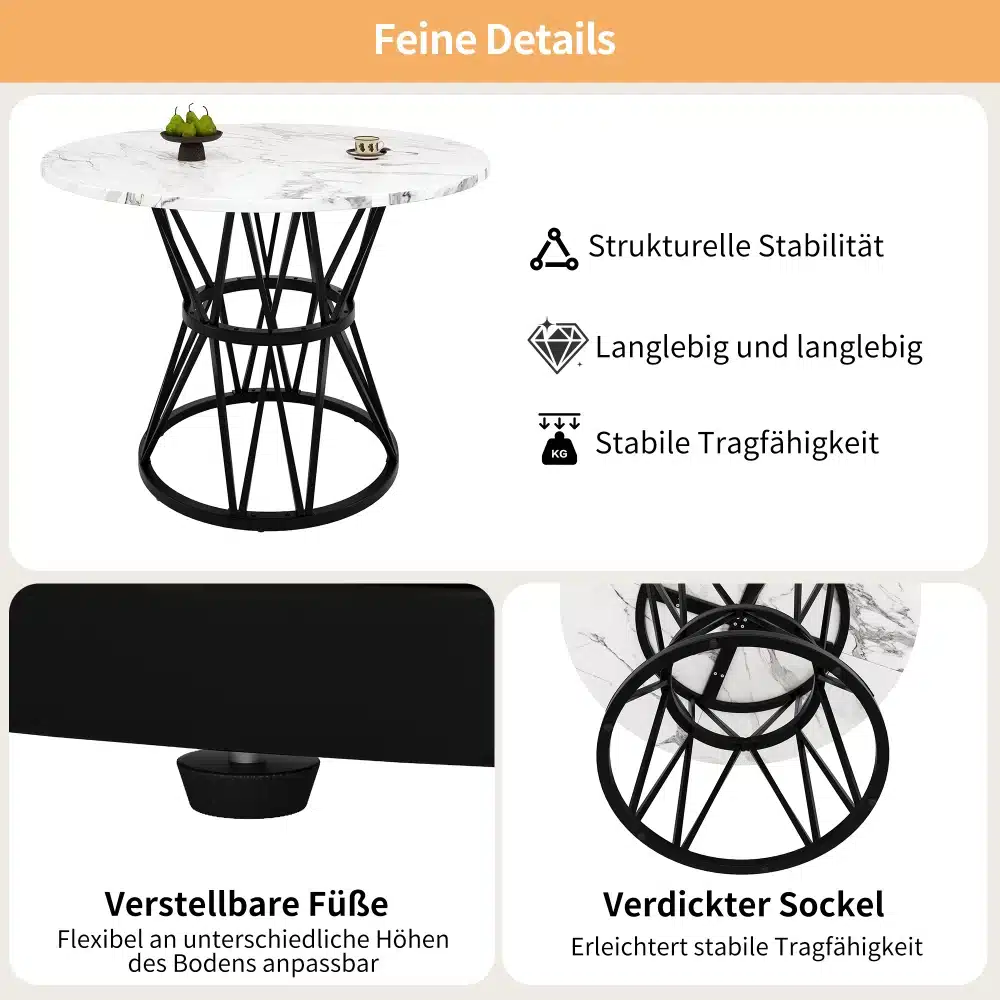 Ümmargune söögilaud marmorimustriga ja kuldsete jalgadega, millel on metallist must raam ja peal asetatud dekoratiivsed elemendid. Taust on neutraalne, rõhutades laua elegantset disaini.