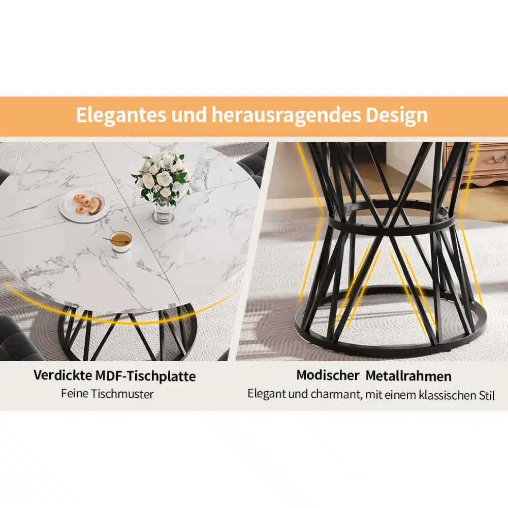Elegantne ümmargune söögilaud marmorimustriga lauaplaadiga ja kuldsete jalgadega, mille kõrvale on asetatud lillevaas ning küpsised ja kohv, ümbritsetud stiilse sisekujundusega ruumis.
