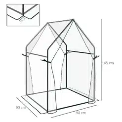 Kasvuhoone kahekordsete ustega, läbipaistev PE kate suuruses 90x90, tugeva raamistikuga ja kergete paeladega kinnitatav disain, mis seisab rohelisel murul.