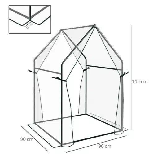Kasvuhoone kahekordsete ustega läbipaistev PE kate 90x90 | E-pood Tootemaailm Kasvuhoone kahekordsete ustega, läbipaistev PE kate suuruses 90x90, tugeva raamistikuga ja kergete paeladega kinnitatav disain, mis seisab rohelisel murul.