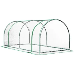 Kasvuhoone aiataimedele, mõõtmetega 200x100x80 cm, millel on läbipaistev kattematerjal ja roheline raam. Struktuur näitab, kuidas kasvuhoone kaitseb taimi ilmastiku eest.