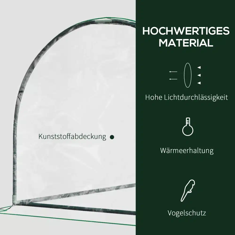 Kasvuhoone uksega, 200x100x80 cm aiataimedele, valmistatud kvaliteetsest läbipaistvast plastikkattest. Katteseinal erinevad ikoonid, mis viitavad kõrgele valgusläbivusele, soojuse säilitamisele ja lindude kaitsele.