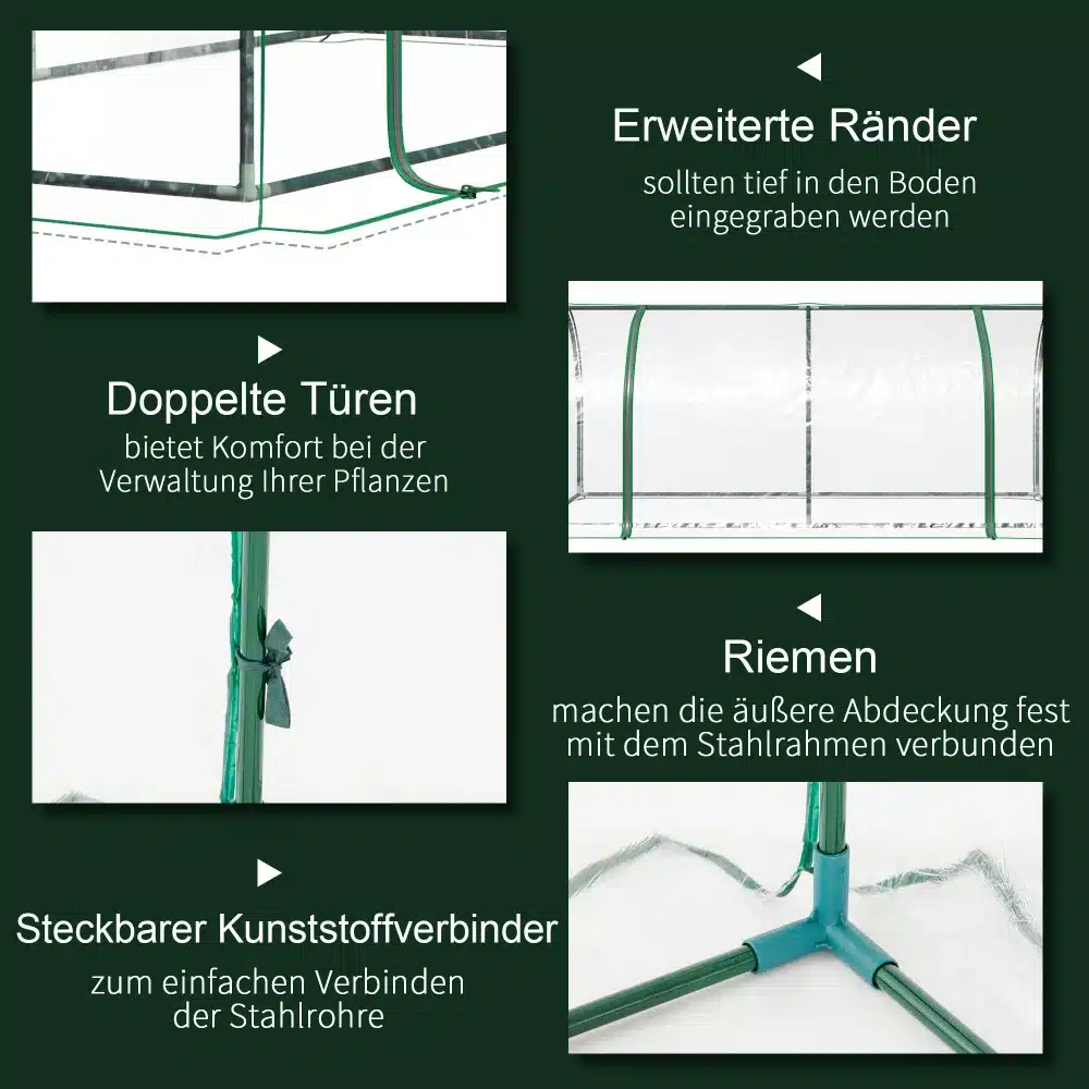 Kasvuhoone uksega, 200x100x80 cm aiataimedele, kujutatud detailid. Topeltturvauksed, tugevdatud raam ja rohelised plastikinurgad pakuvad stabiilsust. Konstruktsioon sobib hästi aiataimede kaitseks.