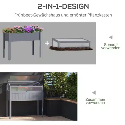 Kõrgendatud aiapeenar polükarbonaatkattega 120x54x122 cm | E-pood Tootemaailm Komplektitud kõrgendatud aiapeenar polükarbonaatkattega, mõõdus 120x54x122 cm, sisaldab metallraami ja läbipaistva katte. Ülemisel pildil hall aiapeenar koos värviliste lilledega, alumisel plokil paigaldatud terrassil. Seade on paindlik ja sobib eraldi kastina või minikasvuhoonena.