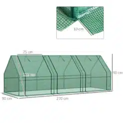 Roheline Kasvuhoone mini UV-kaitsega rulluksega mõõtmetega 270x90x90 cm on valmistatud vastupidavast materjalist, mille võrkstruktuur tagab parima kaitse taimedele. Kasvuhoone on paigaldatud avarale krundile, kus see pakub suurepäraseid kasvutingimusi.