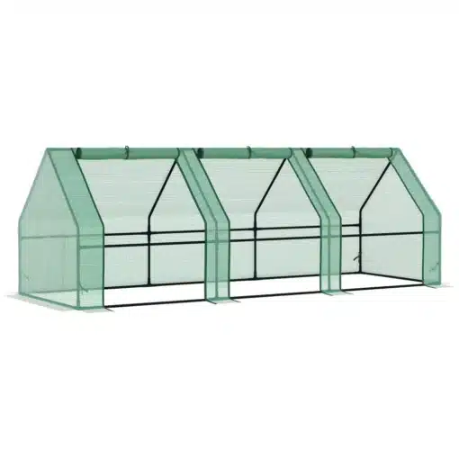 Kasvuhoone mini UV-kaitsega rulluksega 270x90x90 cm | E-pood Tootemaailm Kasvuhoone mini UV-kaitsega rulluksega, rohelise pealiskatte ja metallraamiga, 270x90x90 cm, valgel taustal. Ideaalne taimede kaitseks päikesevalguse eest.