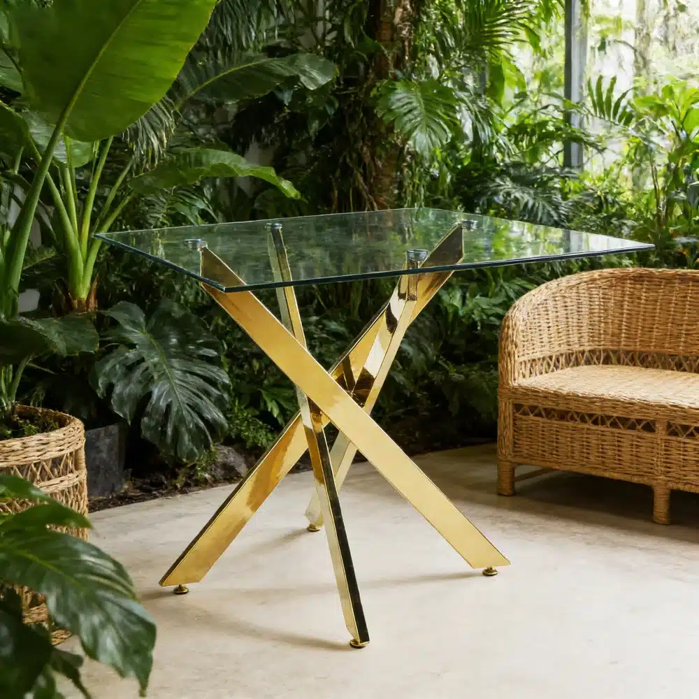 Elegantne söögilaud karastatud klaasist pinnaga ja läikivate kuldsete metalljalgadega, mis asub loodusesse sulanduvas miljöös, ümbritsetud roheliste taimedega ja naturaalsetest materjalidest mööbliga.