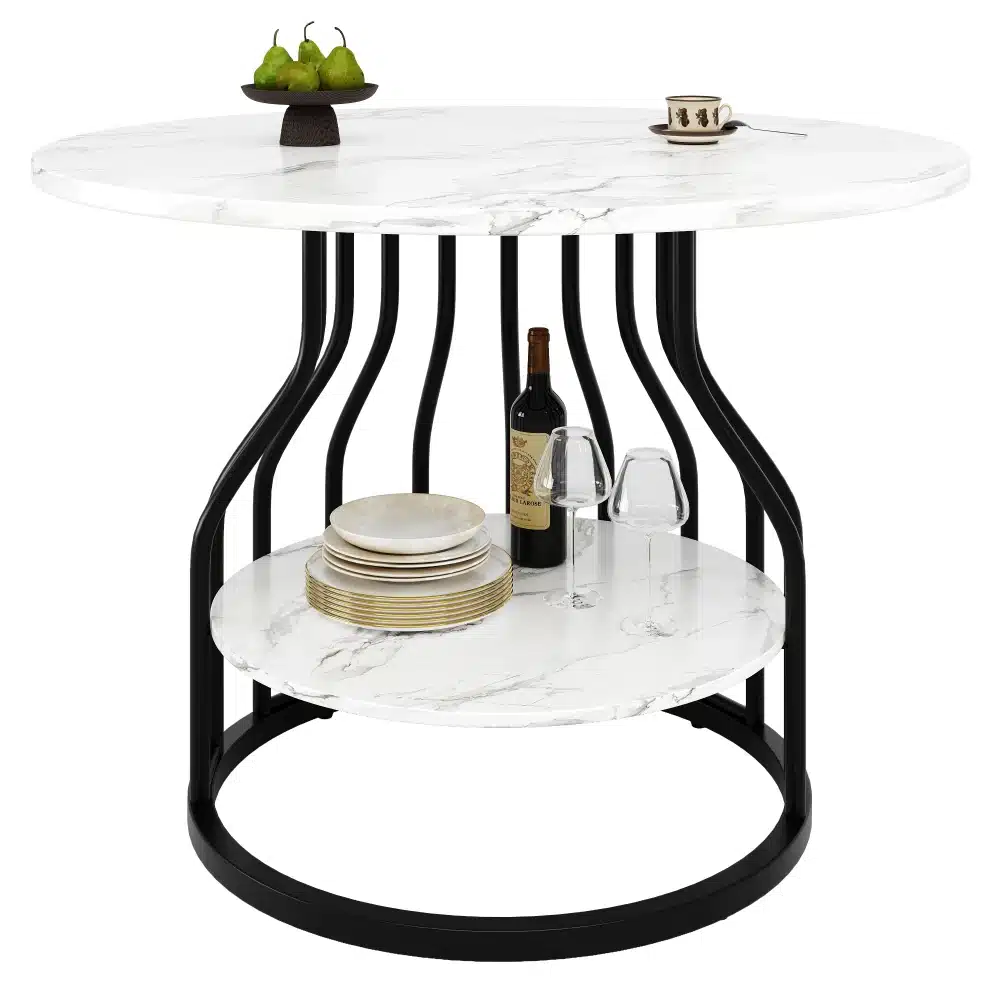 Ümmargune söögilaud 4-le, riiuliga, elegantse valge marmorit meenutava pealispinna ja tugeva musta metallist alusega. Minimalistlik riiul all kahe veiniklaasi, pudeli ja taldrikute hoidmiseks, sobib ideaalselt kaasaegse köögimööbli hulka.