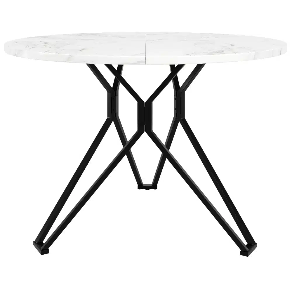 Ümmargune söögilaud marmorviimistlusega, 100x100 cm, mustade metallist jalgadega ning elegantse valge marmormustriga pealispinnaga minimalistlikus stiilis.