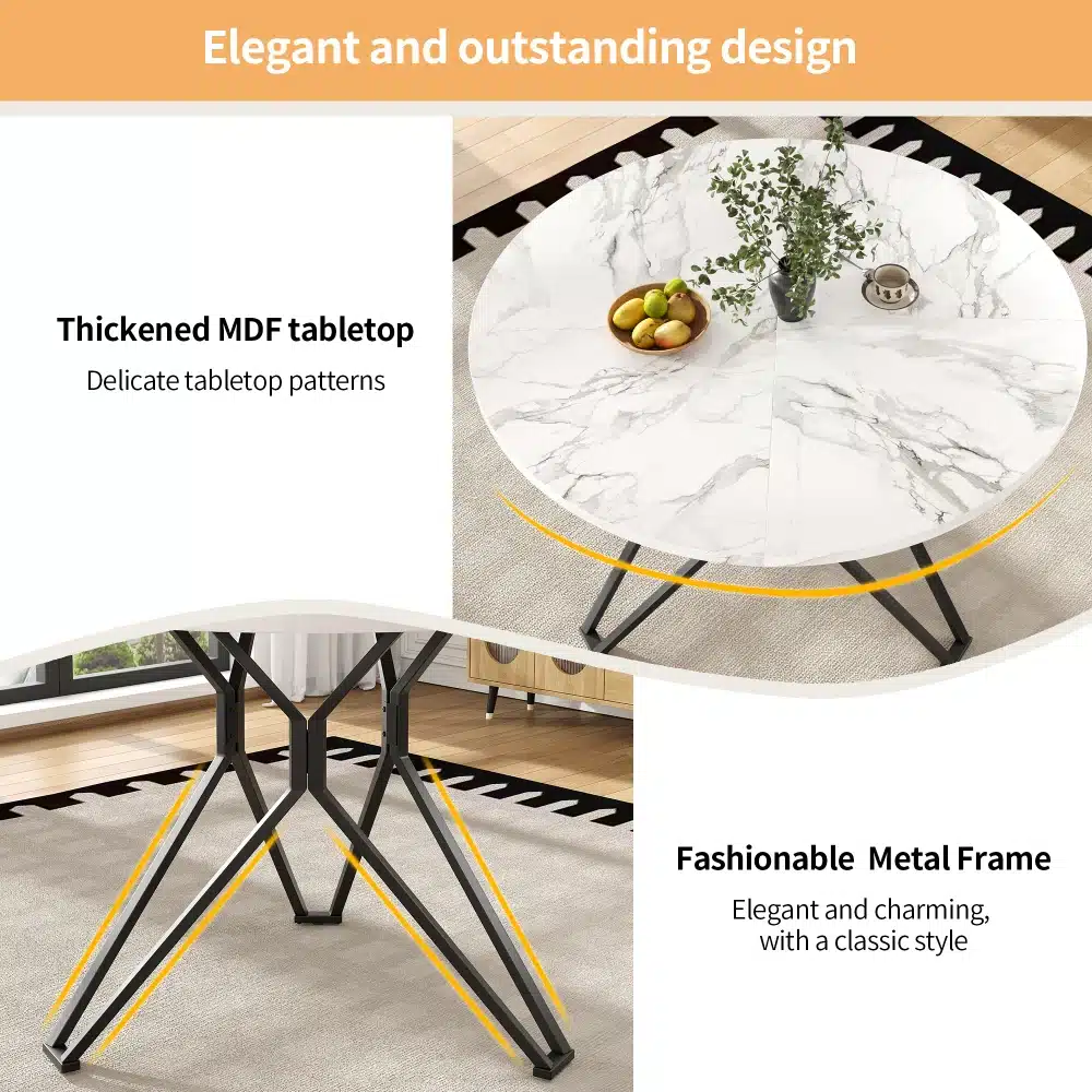 Ümmargune söögilaud marmorviimistlusega, 100x100 cm, elegantne disain koos paksenenud MDF lauaplaadiga ja stiilse metallraamiga, asetseb heledal vaibal valgusküllases ruumis.