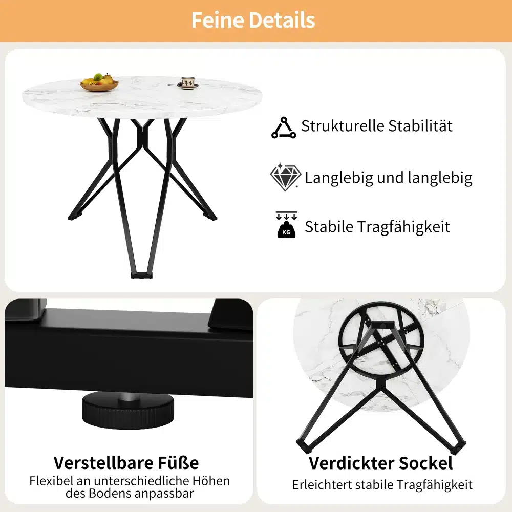 Ümmargune söögilaud marmorviimistlusega. Tooni marmorist pealispind, mustad metallist jalad. Fotol on esiplaanil laual puuviljakauss ning kohvitass, mis rõhutavad laua praktilisust ja elegantsi.