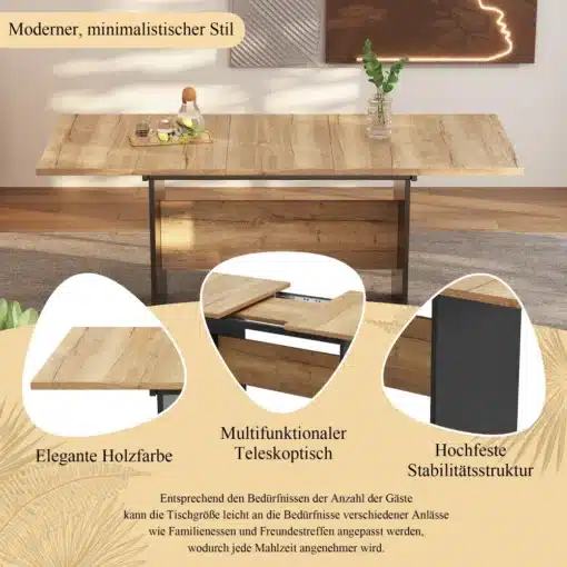 Pikendatav söögilaud puiduspooniga 4–6 inimesele | E-pood Tootemaailm Pikendatav söögilaud puiduspooniga, millel on elegantne puitviimistlus ja stabiilne raam, asetatud valgustatud modernse interjööri taustale.
