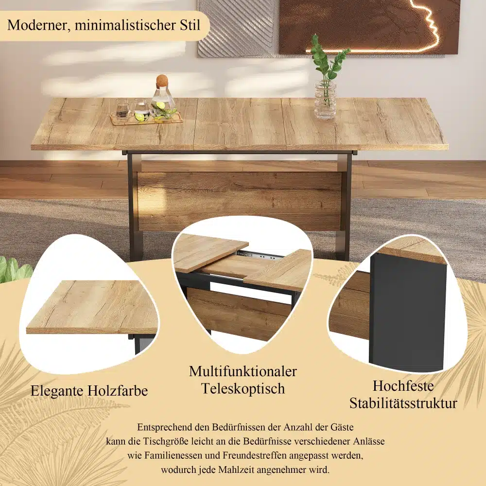 Puiduspooniga pikendatav söögilaud, millel on minimalistlik stiil ja teleskoopiline mehhanism. Laud sobib 4–6 inimesele ning sellel on elegantne puidu viimistlus, seistes neutraalses koduses taustas.