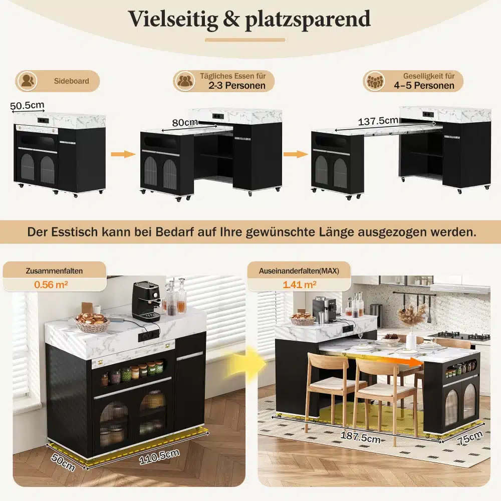Köögisaar ratastel kokkupandava lauaplaadi ja konksudega, must korpus ja valge lauaplaat. Modulaarne disain näitab, kuidas lauda saab pikendada erinevateks suurusteks. Mõlemad variandid sobivad erinevatele inimeste arvudele.