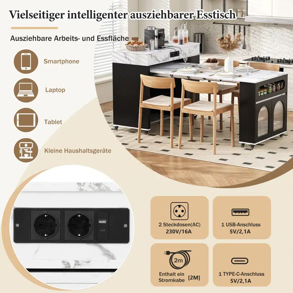 Köögisaar ratastel kokkupandava lauaplaadi ja konksudega modernses köögis. Saar on musta ja valge disainiga, varustatud võrgupesaga, USB-liidesega ja konksudega külje peal. Taga on näha köögimööblit ja maitseained.