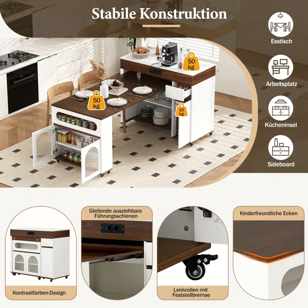 Stiilne ja funktsionaalne köögisaar ratastel, millel on kokkupandav lauaplaat ja mitmed konksud köögitarvikute riputamiseks. Saarel on kontrastne tumedast puidust pealne ja valge korpus, pakkudes rikkalikku hoiuruumi ja esteetilist disaini modernses köögis.