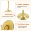 Kollaažist pilt, kus on näha ümmarguse 60 cm diivanilaua kuldset jalga, tugevat metallraami ja libisemisvastast alust, valmistatud pähklipuu MDF-ist.