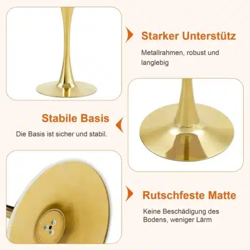 Kollaažist pilt, kus on näha ümmarguse 60 cm diivanilaua kuldset jalga, tugevat metallraami ja libisemisvastast alust, valmistatud pähklipuu MDF-ist.
