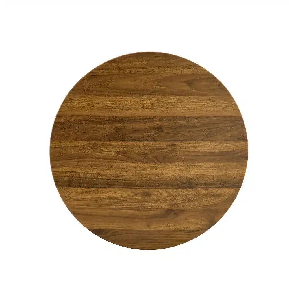 Ümmargune diivanilaud 60 cm, valmistatud pähklipuu MDF-st, kuldse jalaga alusel. Laud on soojades pruunides toonides, mis sobivad erinevate sisekujundustega.