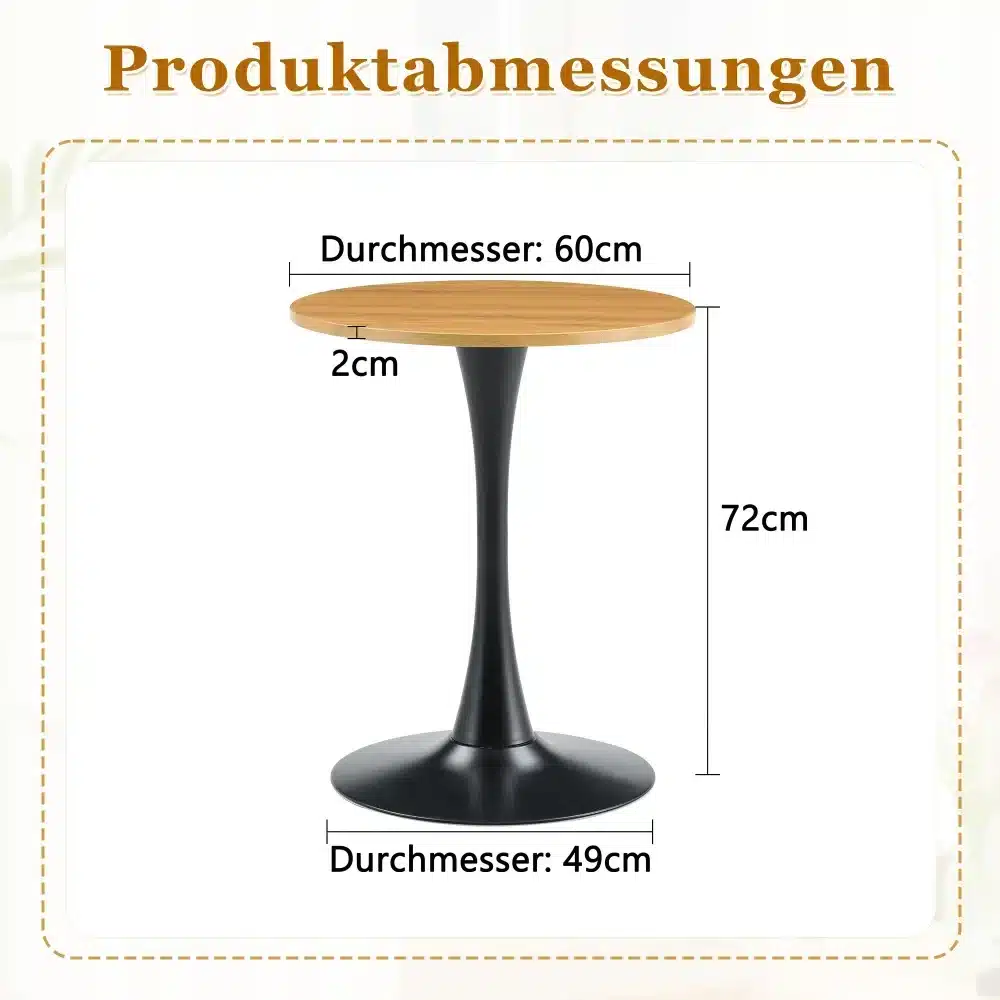 Ümmargune diivanilaud 60 cm, pähklipuu MDF lauaplaadi ja kuldse jala kombinatsiooniga, näidatud mõõtmetega valgel taustal.