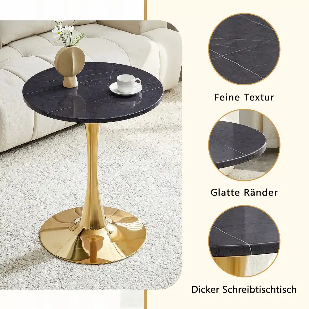 Ümmargune diivanilaud diameetriga 60 cm. Lauaplaat on valmistatud pähklipuu MDF-ist, tumedates toonides, samal ajal kui jalg on elegantne ja kuldne. Laud on paigutatud heledale vaibale pehmel diivanil.