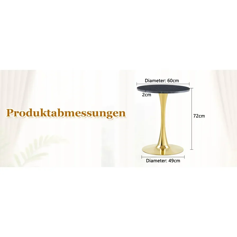 Ümmargune diivanilaud 60 cm pähklipuu MDF lauaplaadi ja kuldse jala mõõtmetega. Taustal heledad kardinad.
