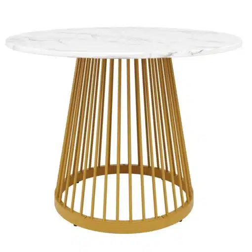 Elegantne ümmargune söögilaud marmorist plaadiga ja stiilsete kuldsete jalgadega, mis pakub modernset ja luksuslikku välimust nii elutuppa kui söögituppa.