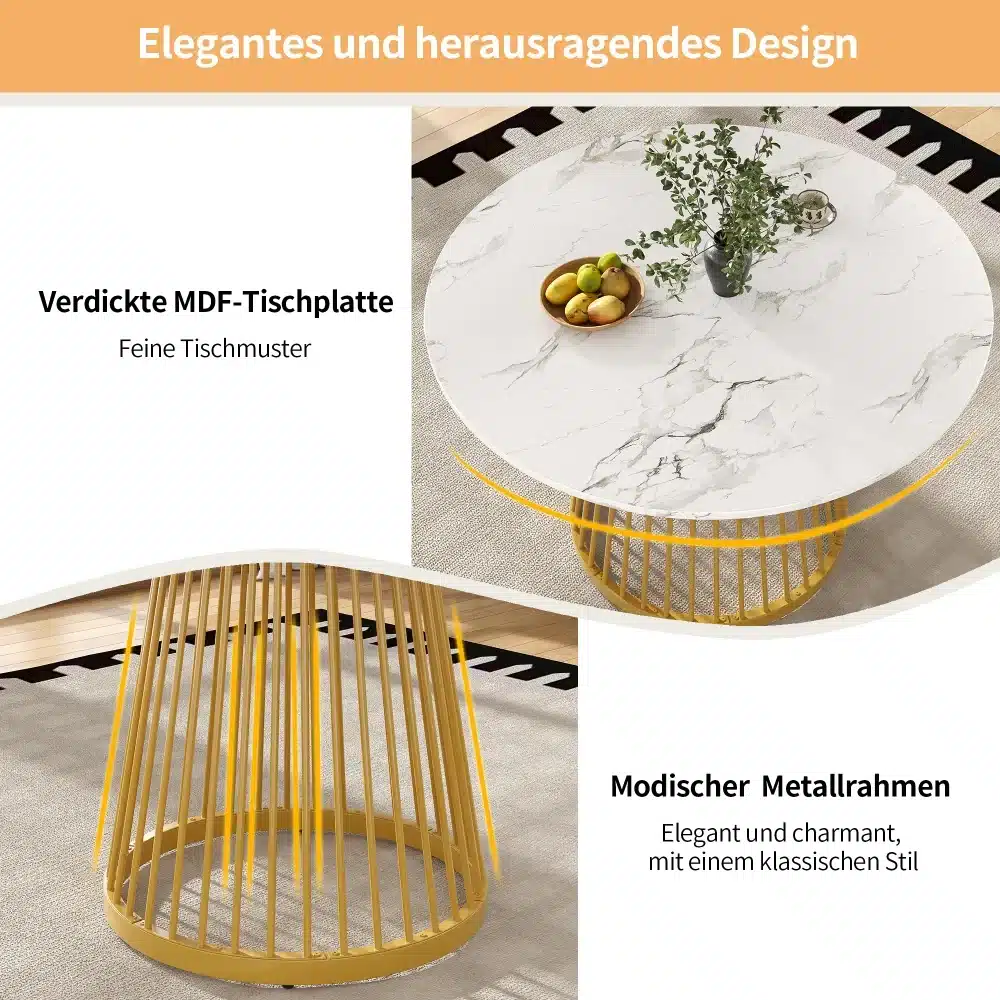 Ümmargune söögilaud marmorist plaadiga, millel on hallid veenid ja kuldsed metallist jalad, mis lisavad luksuslikku stiili. Laud asub heledal vaibal, millel on must ja valge mustriga servad.